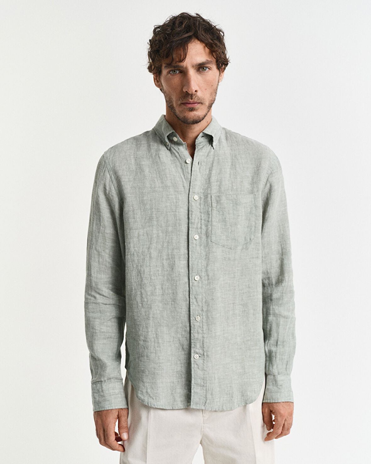 GANT Erkek Yeşil Regular Fit Düğmeli Yaka Keten Gömlek