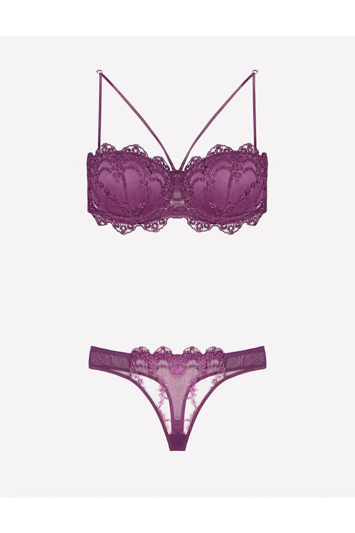 Meba Kadın Kırmızı Telli Dantelli Slip Destekli Push-up Sütyen Takım 4591