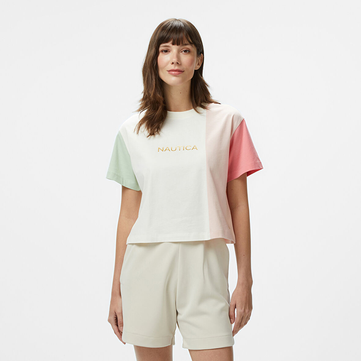 Nautica Kadın Pembe Regular Fit Renk Bloklu T-Shirt