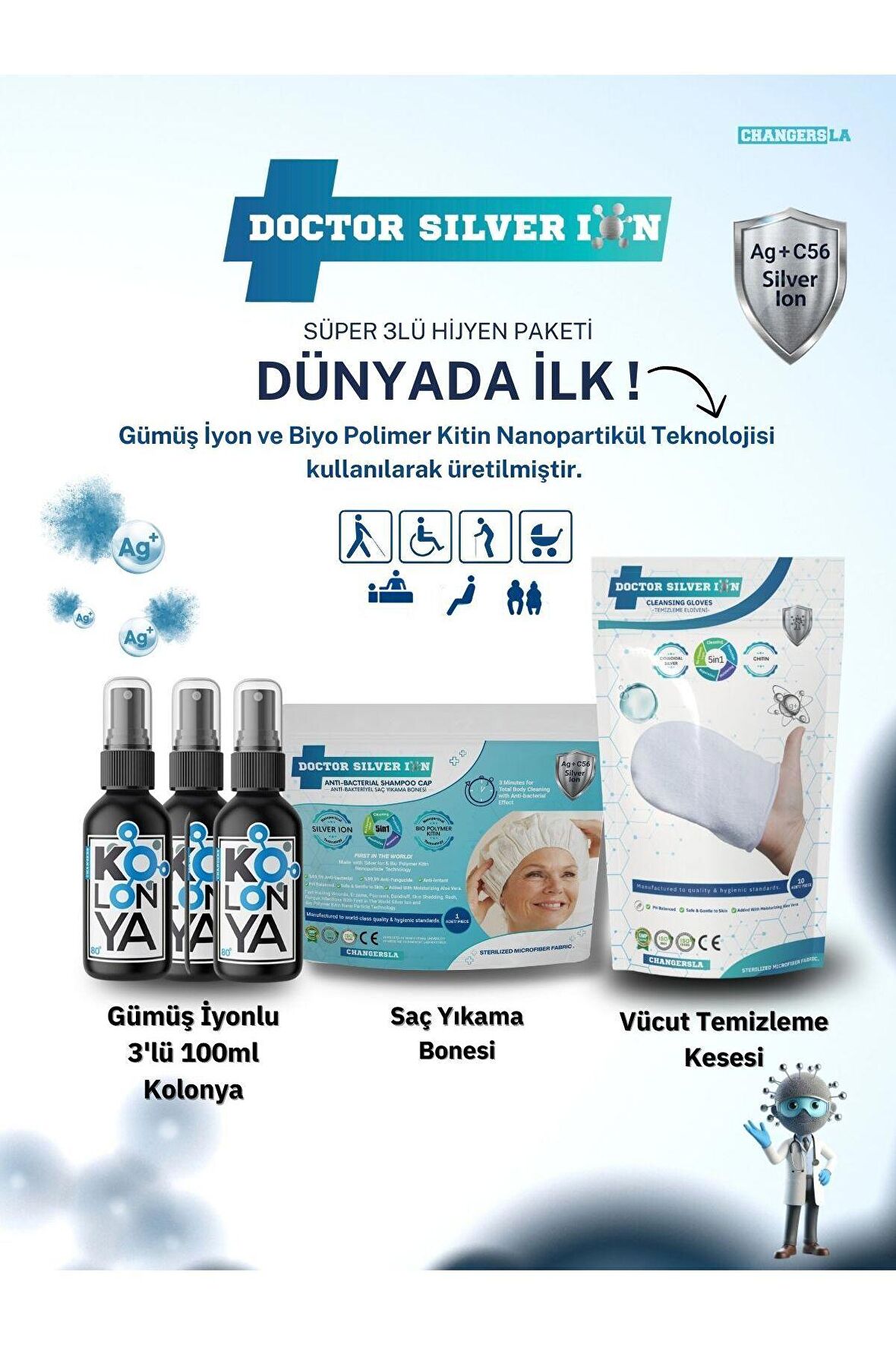 Gümüş İyonlu 3'lü 100ml Kolonya, Vücut Temizleme Kesesi ve Saç Yıkama Bonesi Temizlik Seti