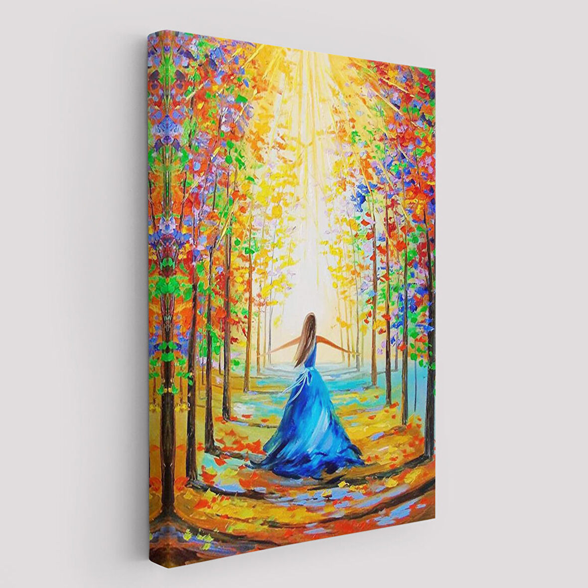 Renkli Ormanda Yürüyen Mavi Elbiseli Kadın Tablosu-6039