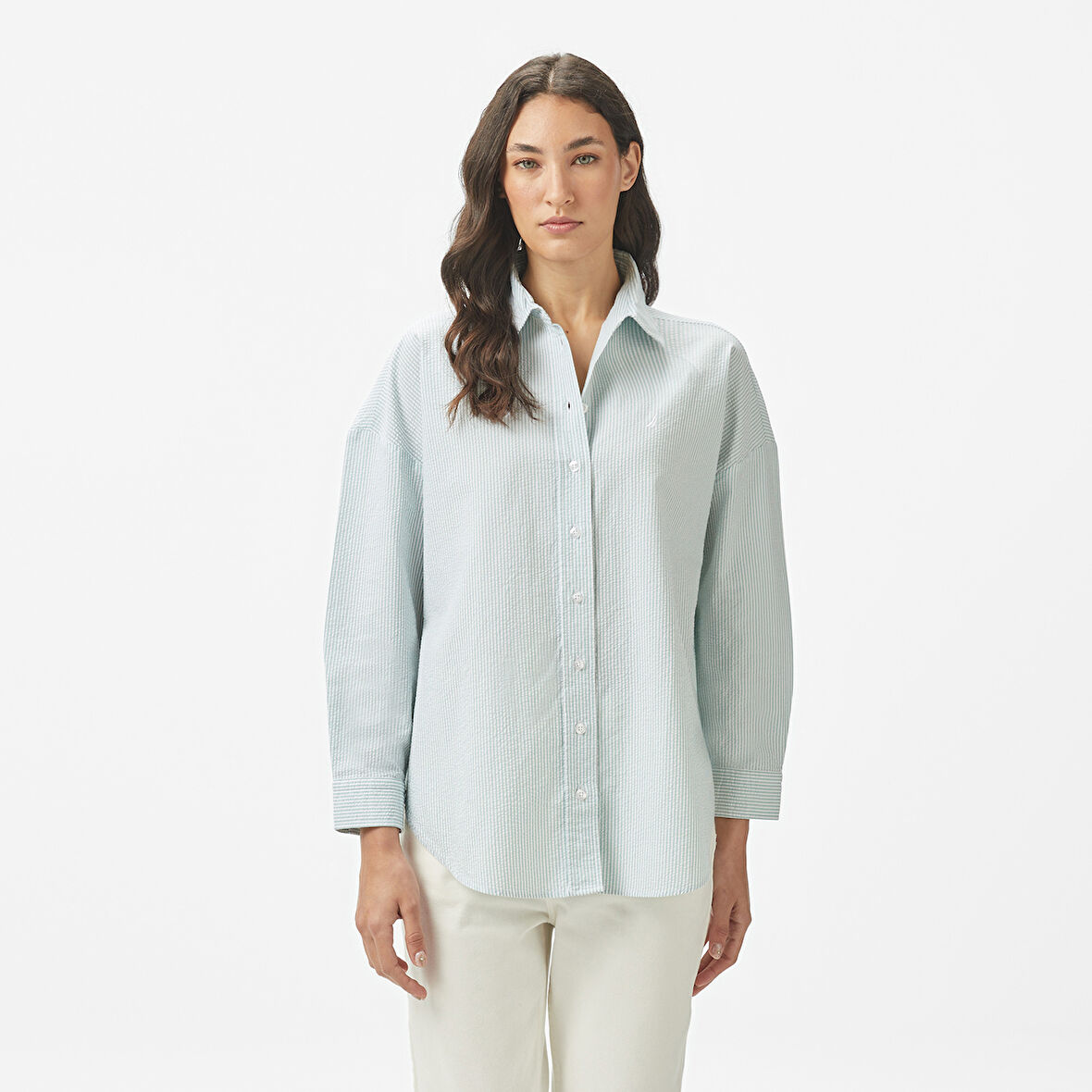 Nautica Kadın Yeşil Regular Fit Çizgili Gömlek