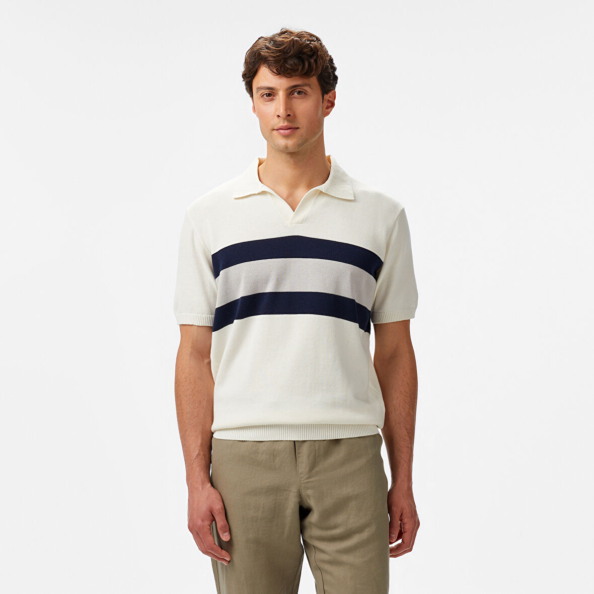 Nautica Erkek Krem Classic Fit Çizgili Triko