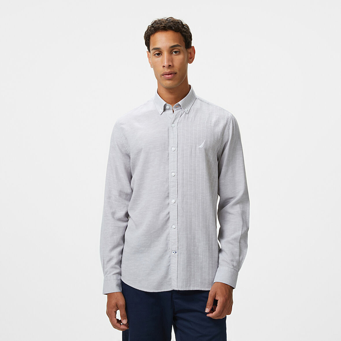 Nautica Erkek Gri Classic Fit Çizgili Gömlek