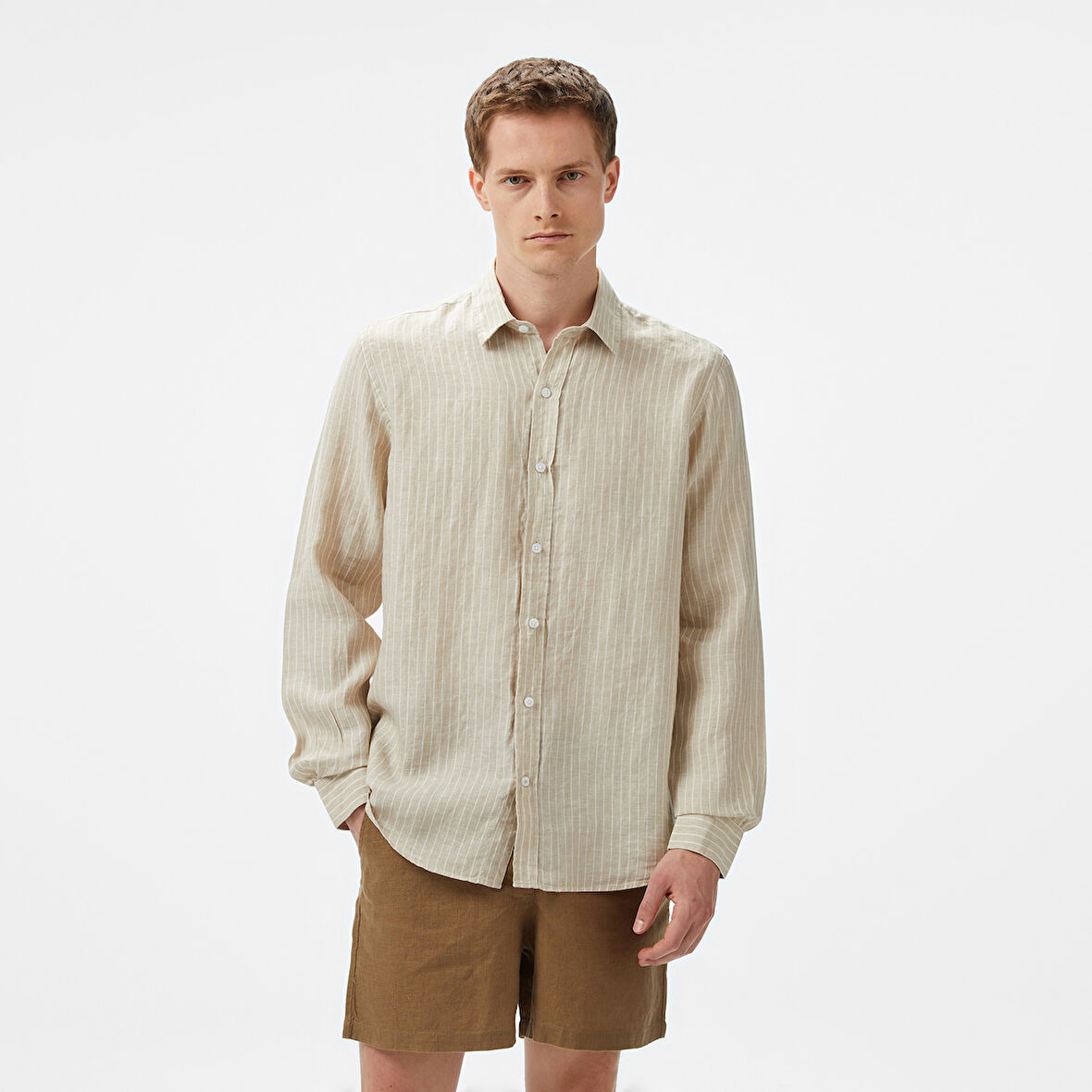 Nautica Erkek Bej Classic Fit Çizgili Keten Gömlek