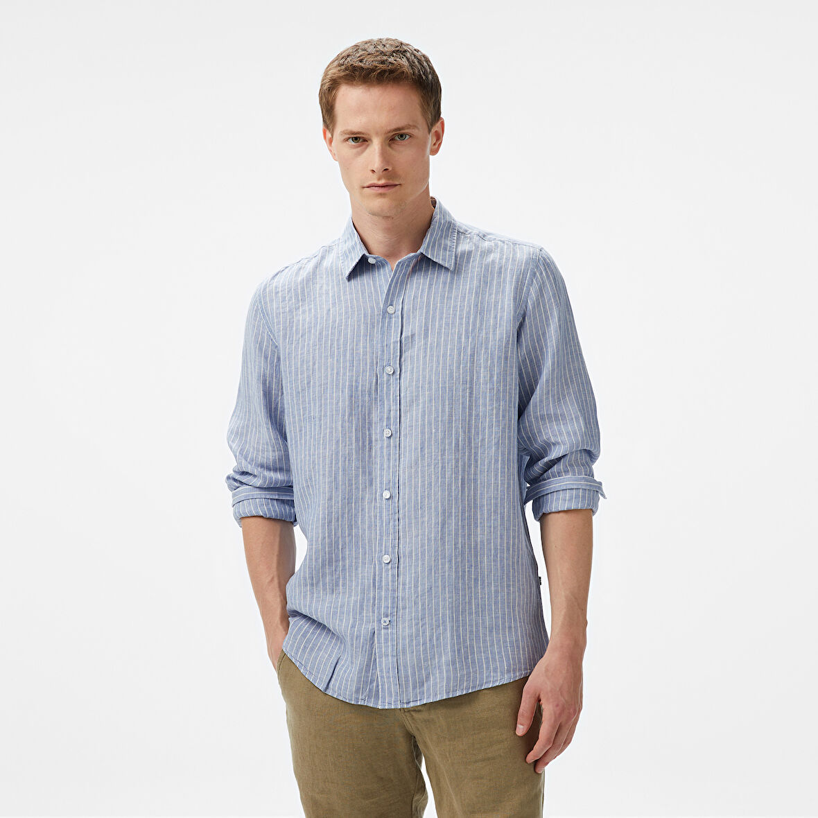 Nautica Erkek Mavi Classic Fit Çizgili Keten Gömlek