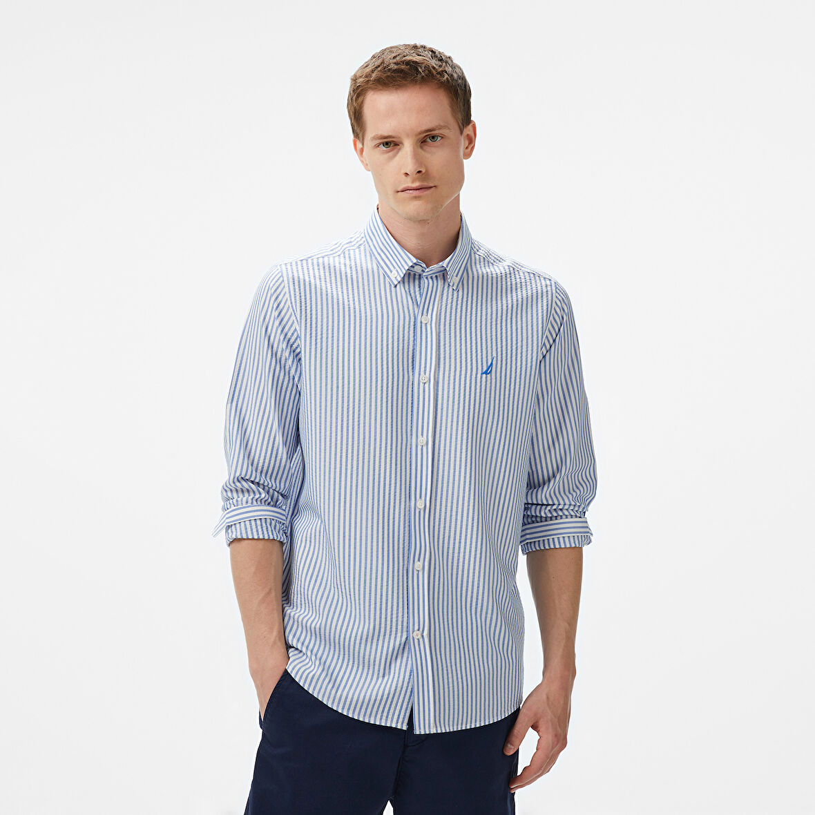 Nautica Erkek Mavi Classic Fit Çizgili Gömlek