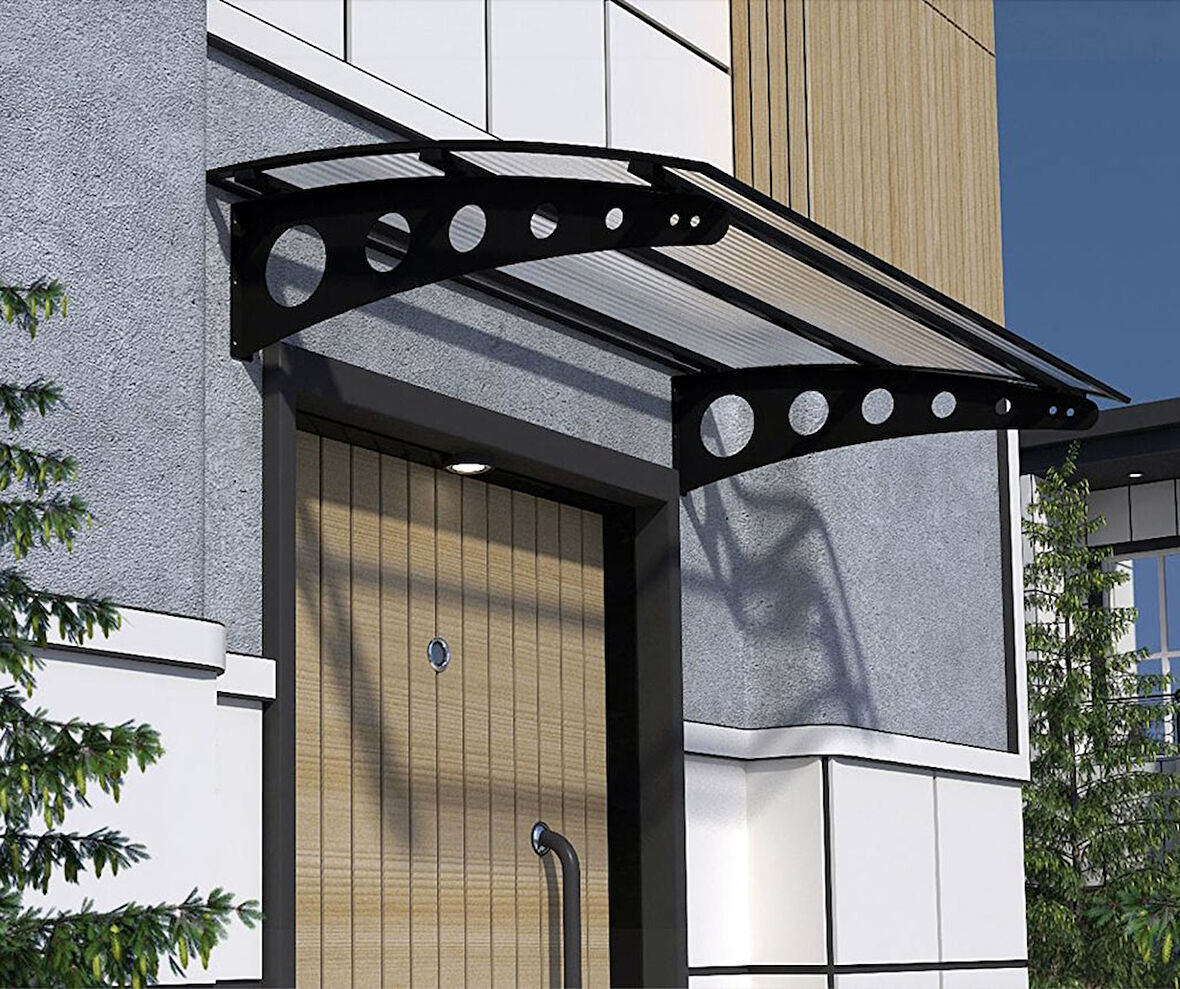 Metal Taşıyıcılı Kapı Üstü Pratik Sundurma Siyah - Şeffaf Levha 140 x 80 Md1