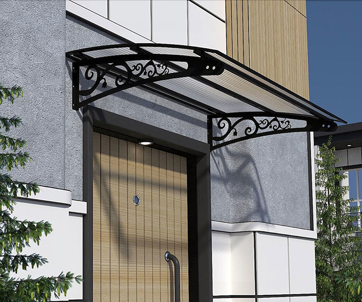 Metal Taşıyıcılı Kapı Üstü Pratik Sundurma Siyah - Şeffaf Levha 350 x 150 Md2