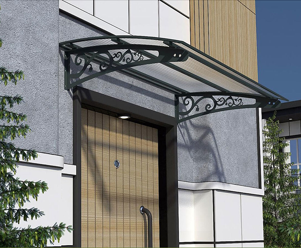 Metal Taşıyıcılı Kapı Üstü Pratik Sundurma Antrasit - Şeffaf Levha 290 x 120 Md2
