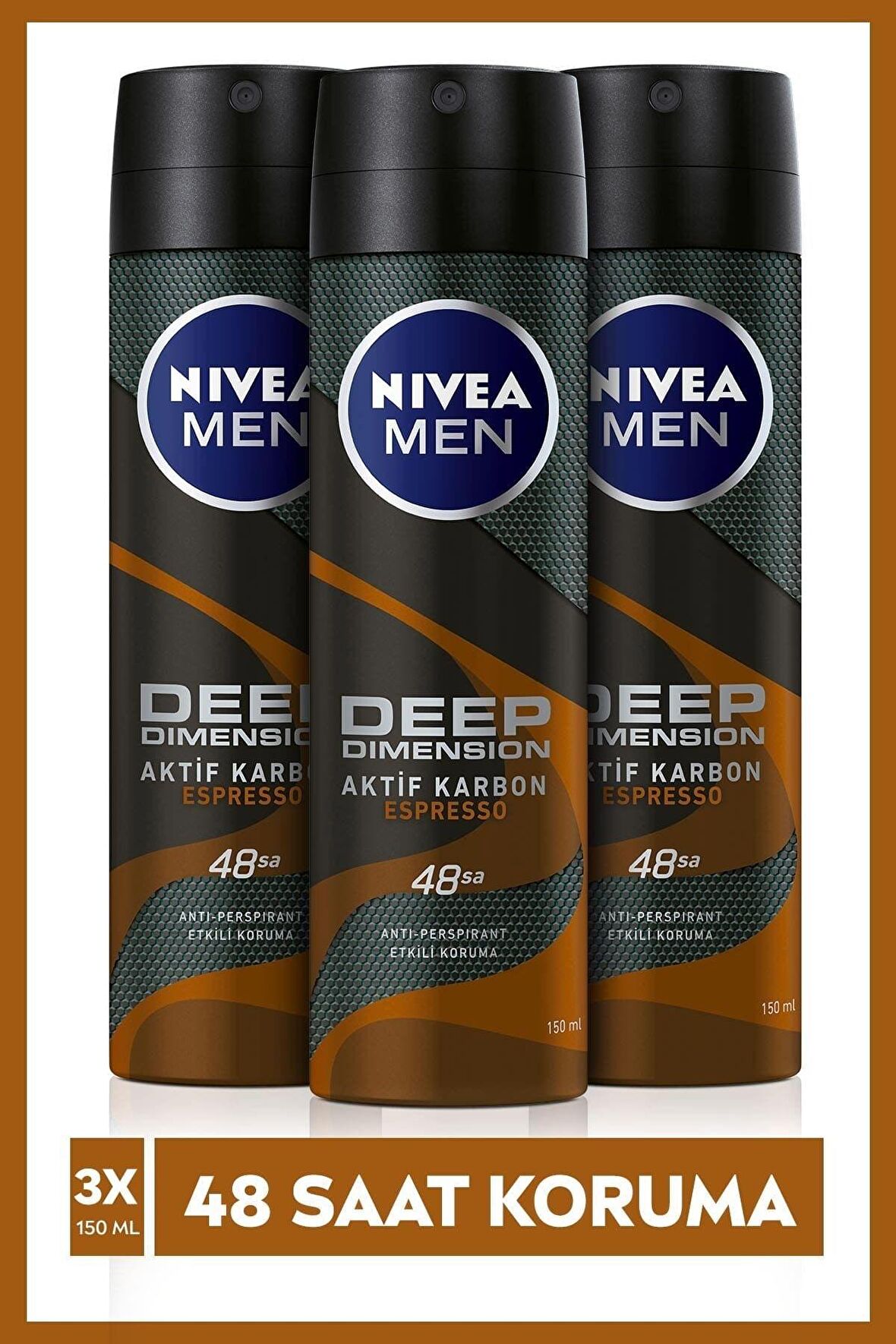 Nivea Men Erkek Deodorant Deep Dimension Espresso 150 ml X3 Adet,48 Saat Anti-perspirant Koruma