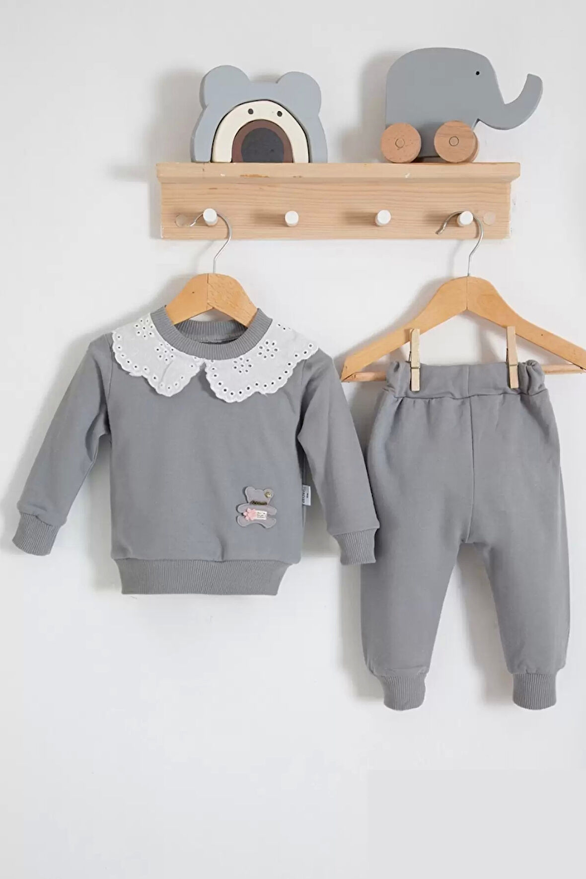 3-18 Ay Kız Bebek Takımı Dantel Yakalı 2'li Gri