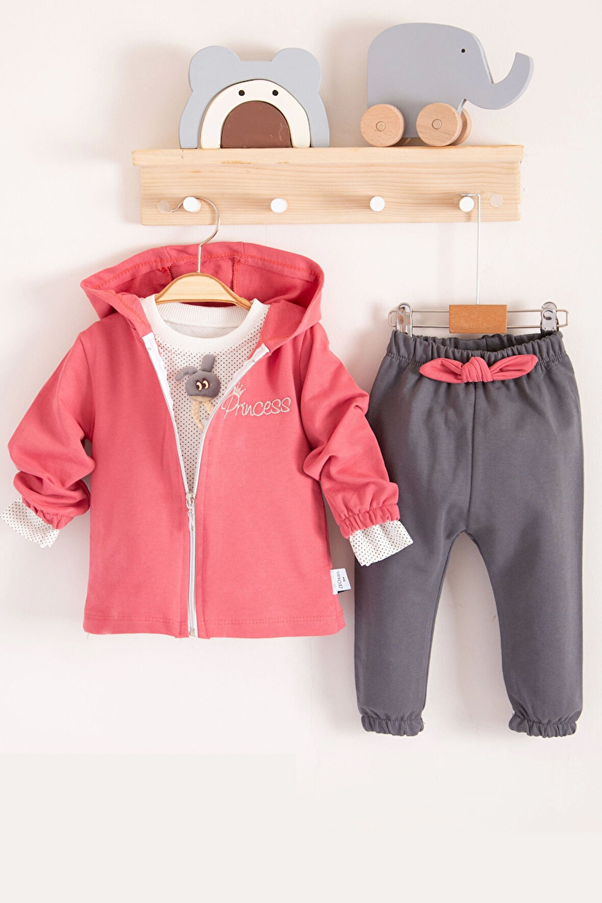 3-18 Ay Kız Bebek Takımı Prences Kapişonlu 3'lü Kırmızı