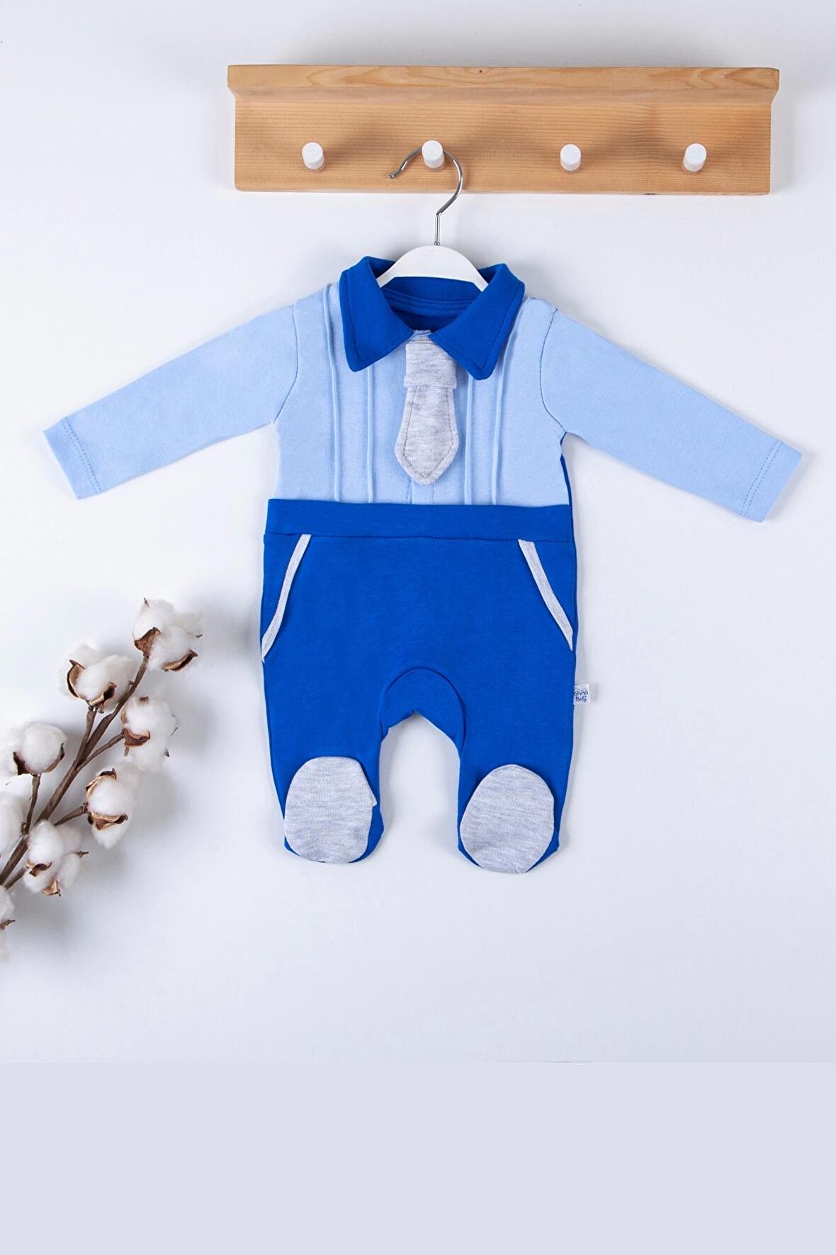 Kravat Aksesuarlı Ayaklı % 100 Pamuklu Erkek Bebek Tulumu Renkli Renk