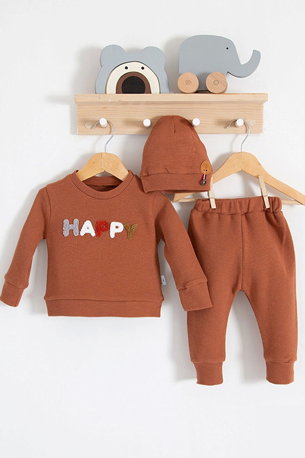 3-18 Ay Erkek Bebek Takımı Happy Nakışlı 2'li Kiremit