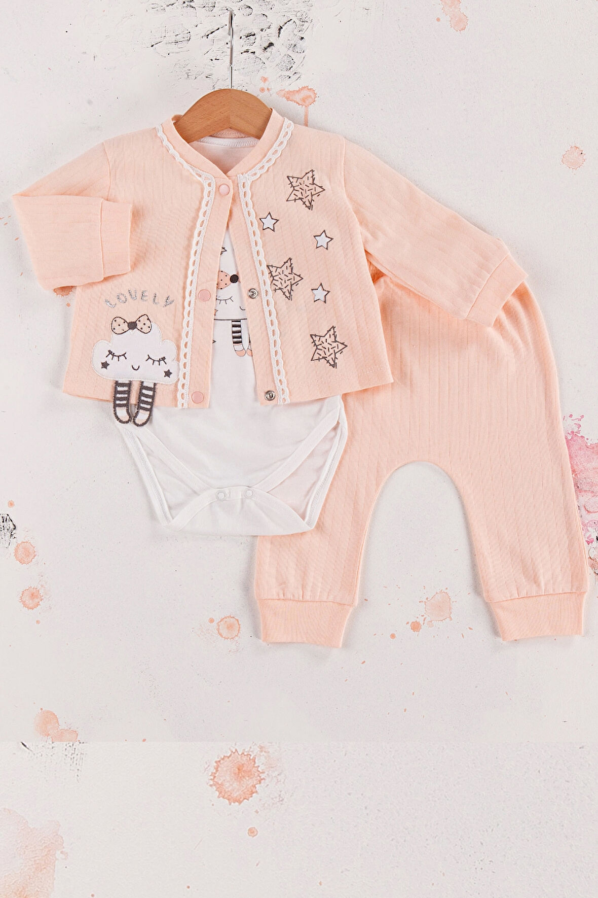 3-9 Ay Kız Bebek Takımı Lovely Yıldız 3'lü Hırkalı Somon