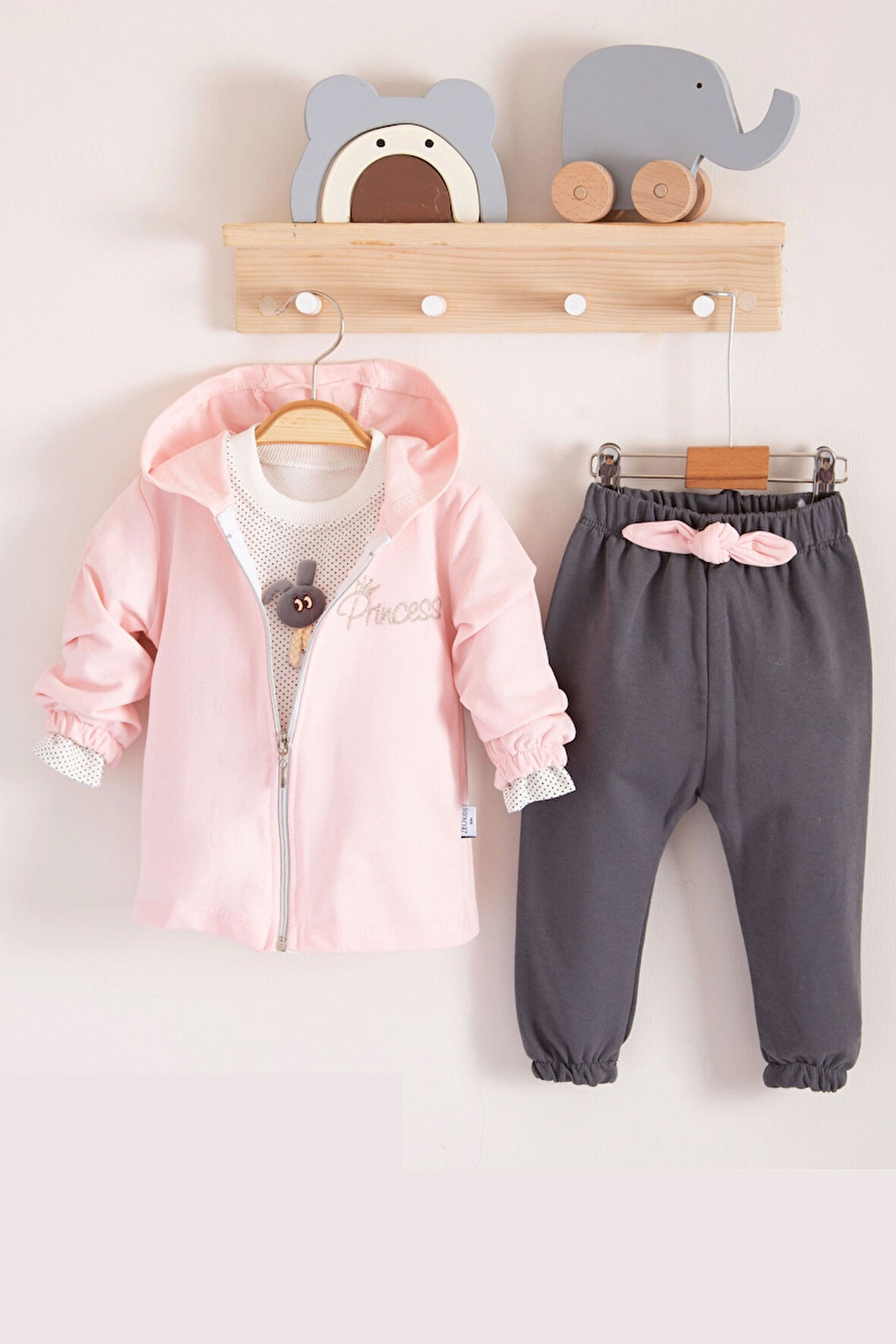 3-18 Ay Prences Kız Bebek Takımı Kapişonlu 3'lü Pembe