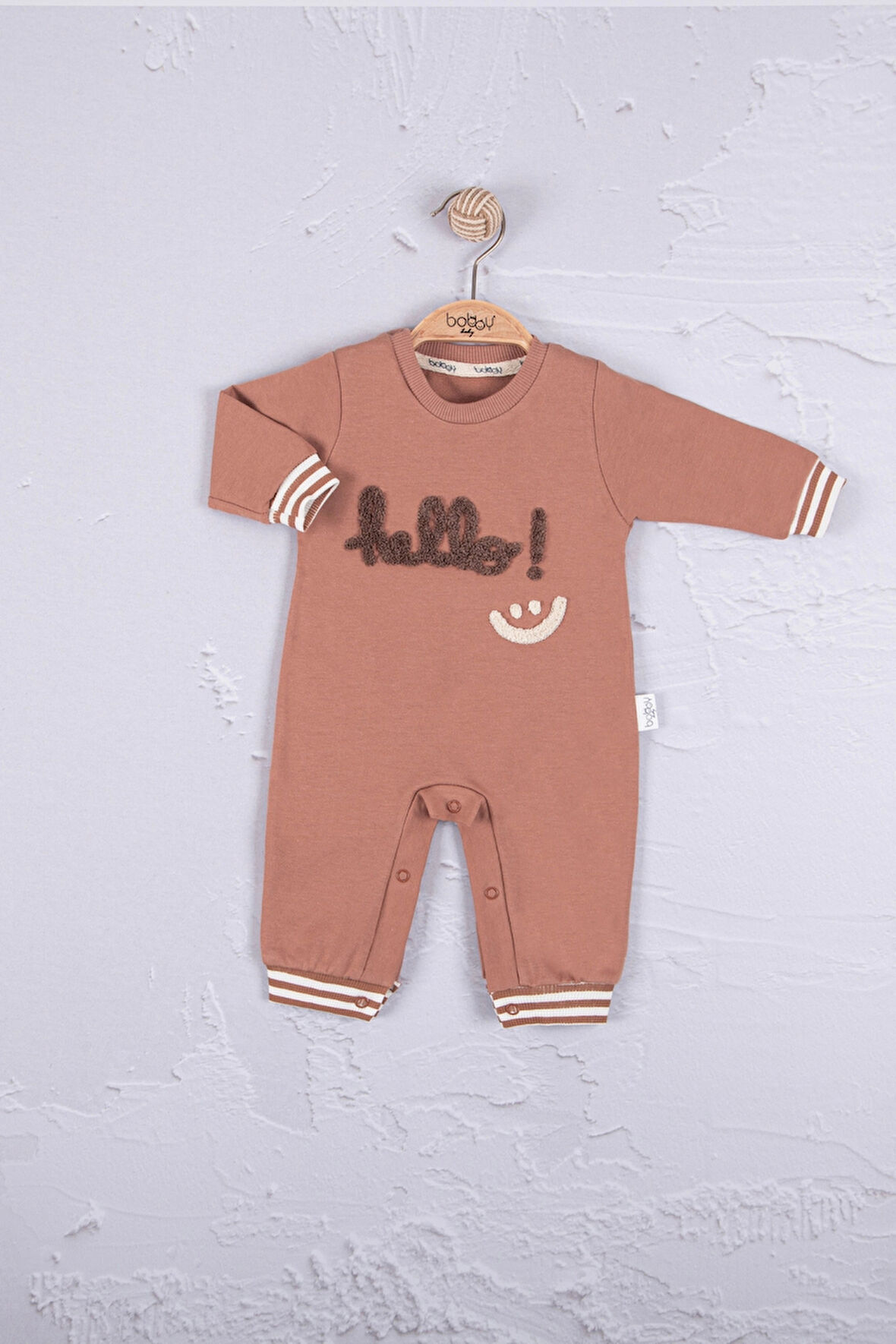 3-12 Ay Erkek Bebek Tulum Hello Nakışlı Kahverengi