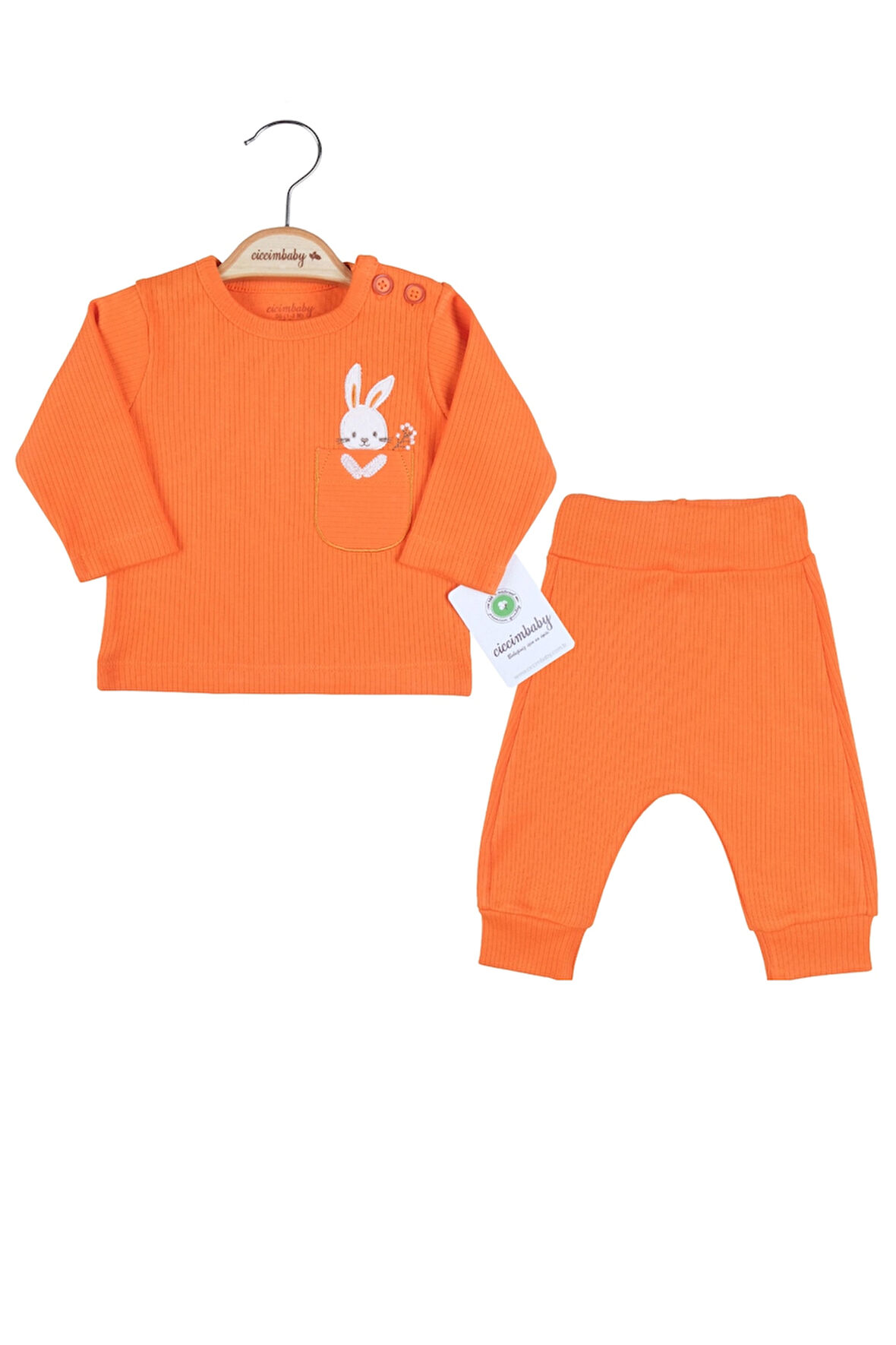 3-12 Ay Kız Bebek Takımı Cepli Tavlan Nakışlı 2'li Turuncu