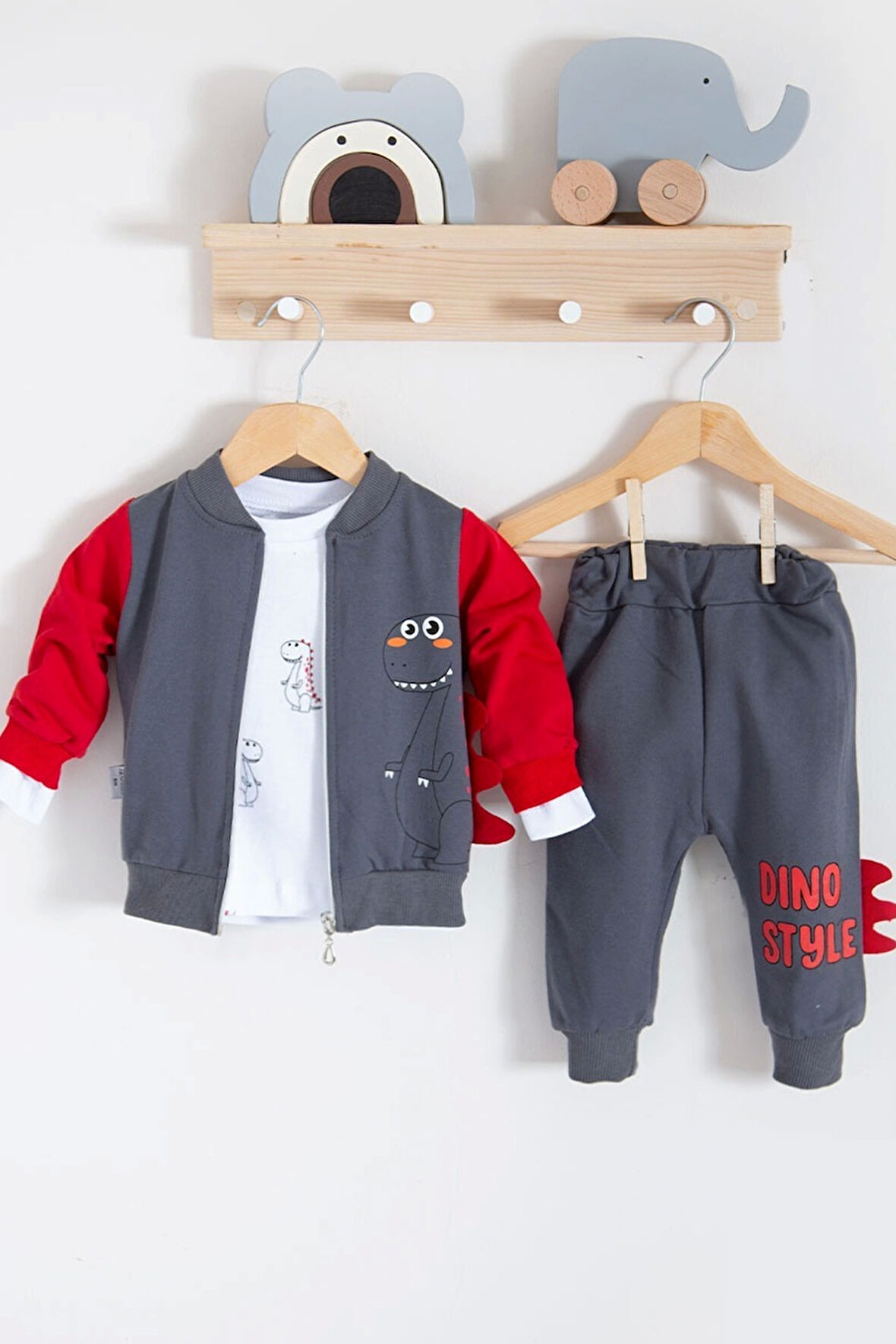 3-18 Ay Erkek Bebek Takımı Dinazor Hırkalı 3'lü Kırmızı