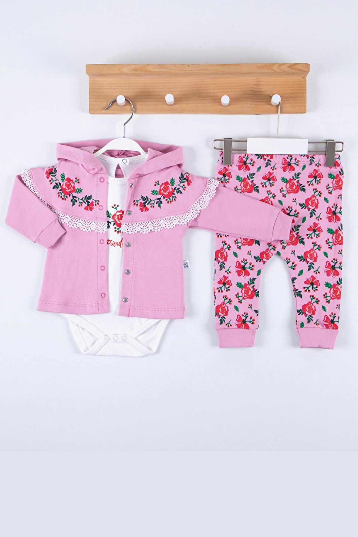 3-12 Ay Flover Nakışlı Hırkalı 3'lü Kız Bebek Takımı Pembe
