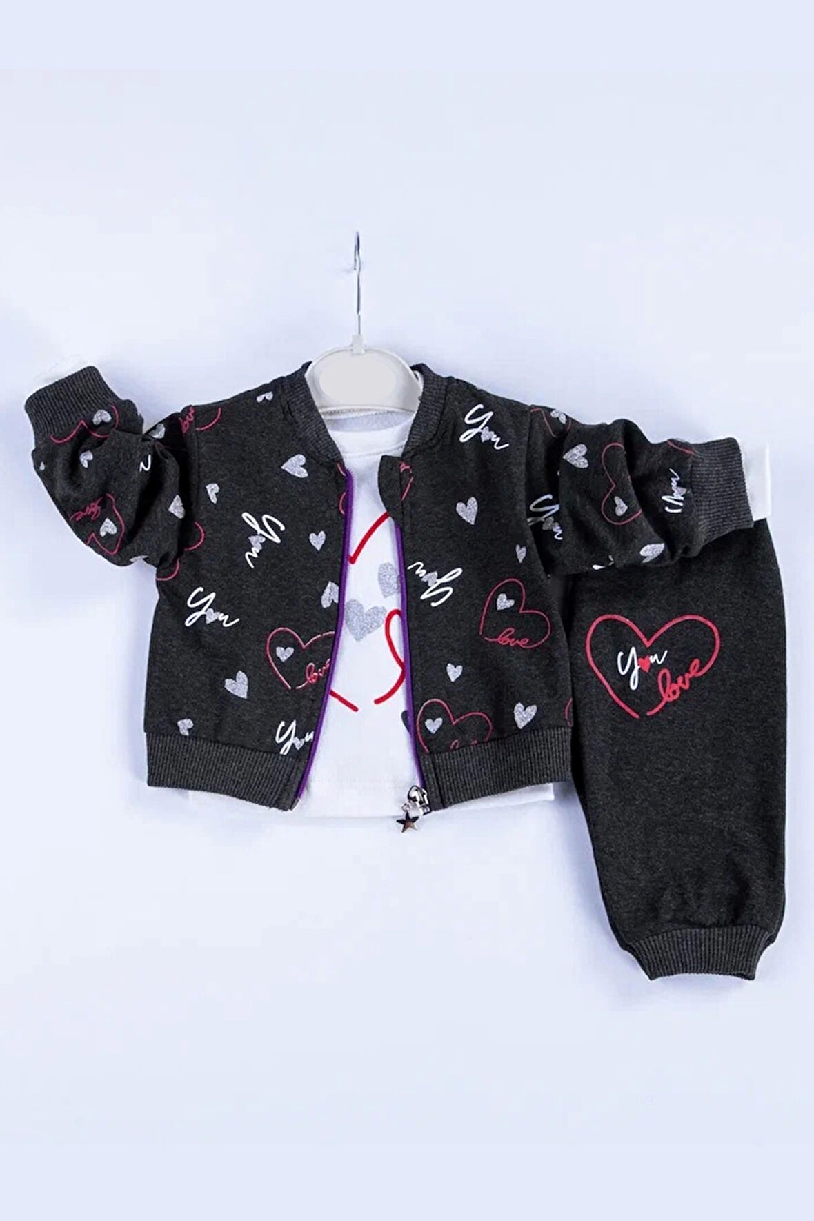 3-18 Ay Kız Bebek Takımı Kalp Hırkalı 3'lü Siyah