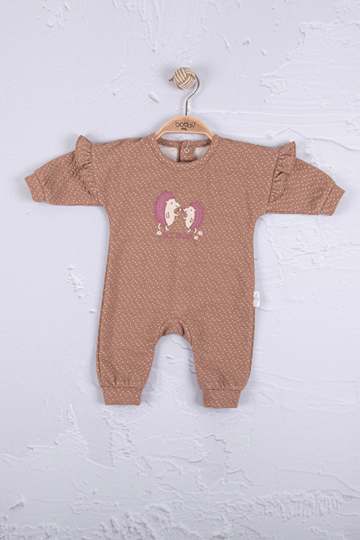 3-12 Ay Kız Bebek Tulum Kirpi Nakışlı Kahverengi