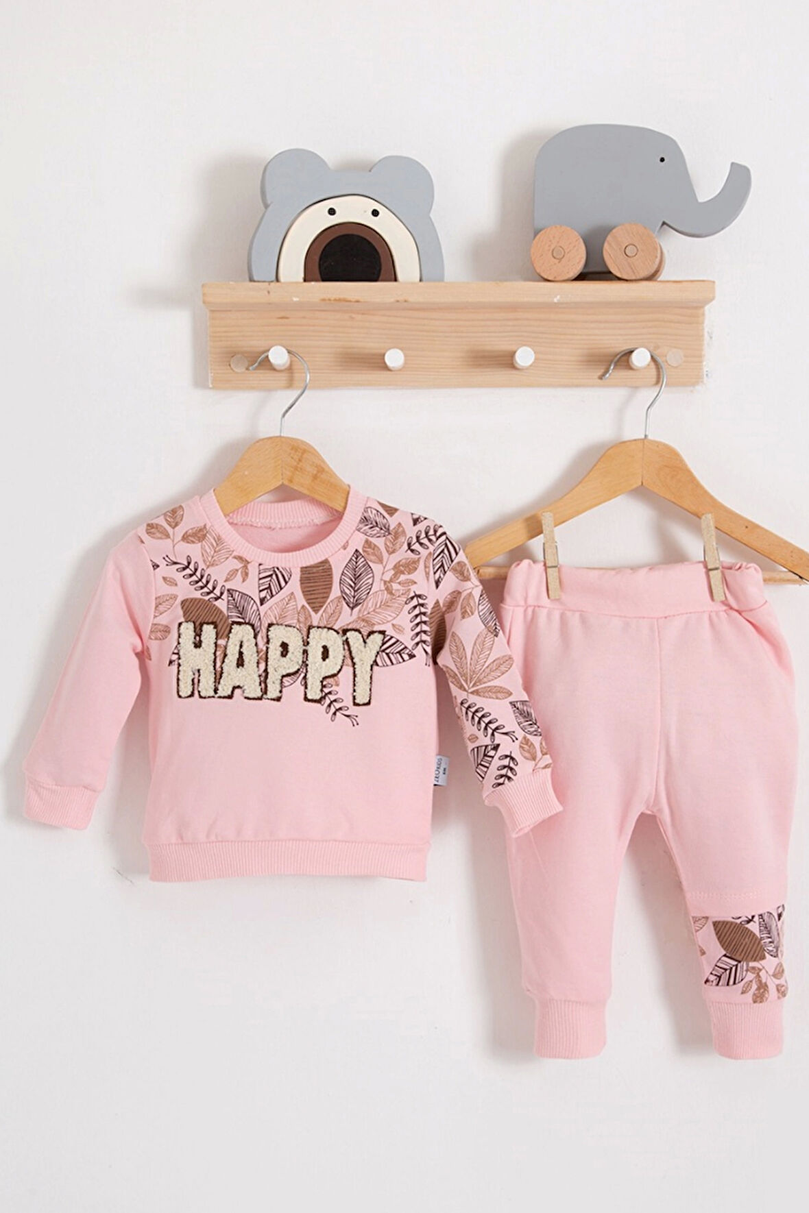 3-18 Ay Kız Bebek Takımı Happy Yaprak 2'li Pembe