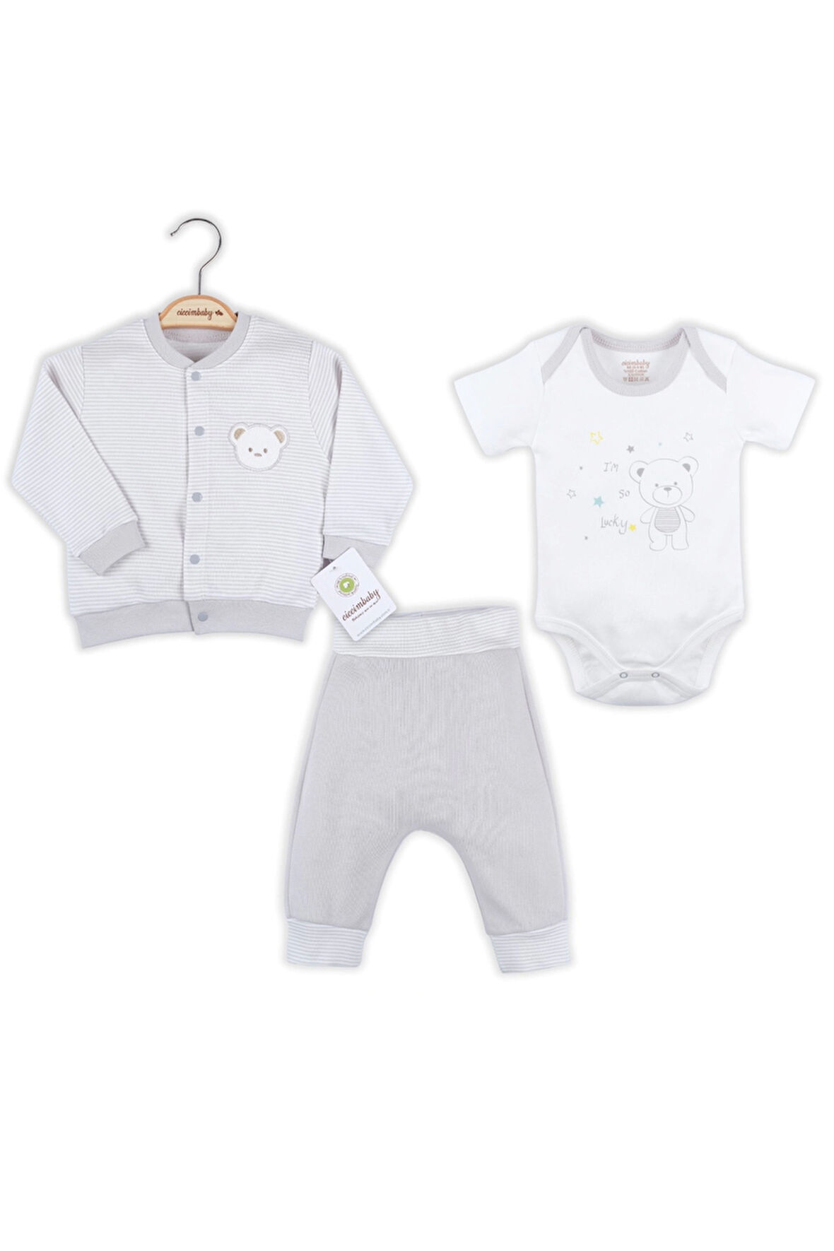 3-12 Ay Erkek Bebek Takımı Çizgili Bear Hırkalı Toprak