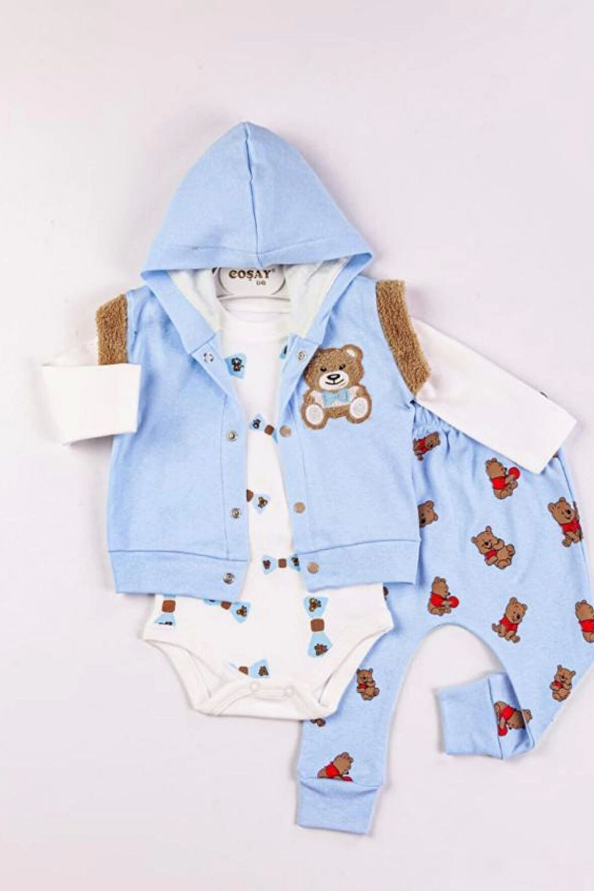 3-9 Ay Erkek Bebek Takımı Bear Nakışlı Yelekli 3'lü Mavi