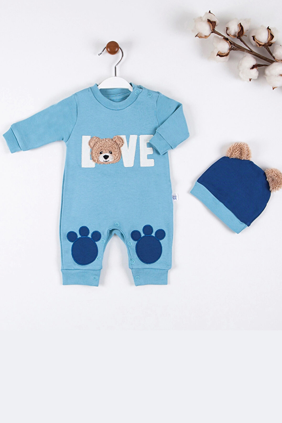 3-9 Ay Erkek Bebek Tulumu Love Bear Nakışlı Mavi