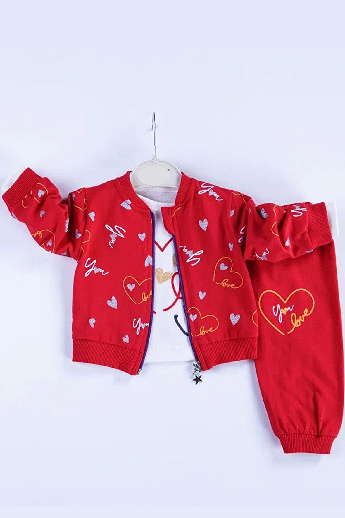3-18 Ay Kız Bebek Takımı Kalp Hırkalı 3'lü Kırmızı