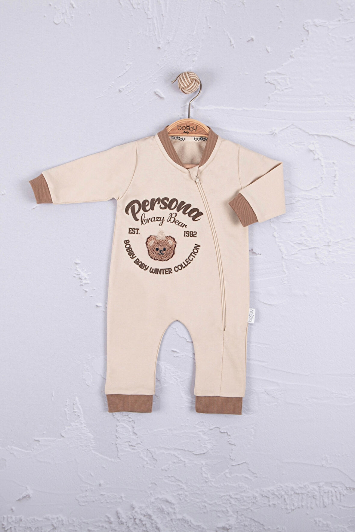 3-12 Ay Erkek Bebek Tulum Persona Bear Nakışlı Kahverengi