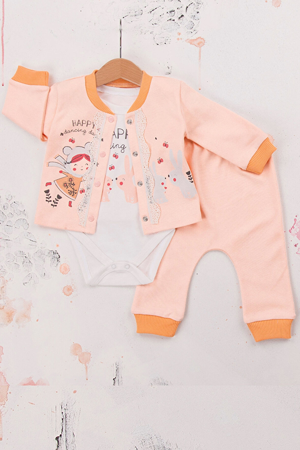 3-9 Ay Kız Bebek Takımı Happy Dancing 3'lü Hırkalı Somon