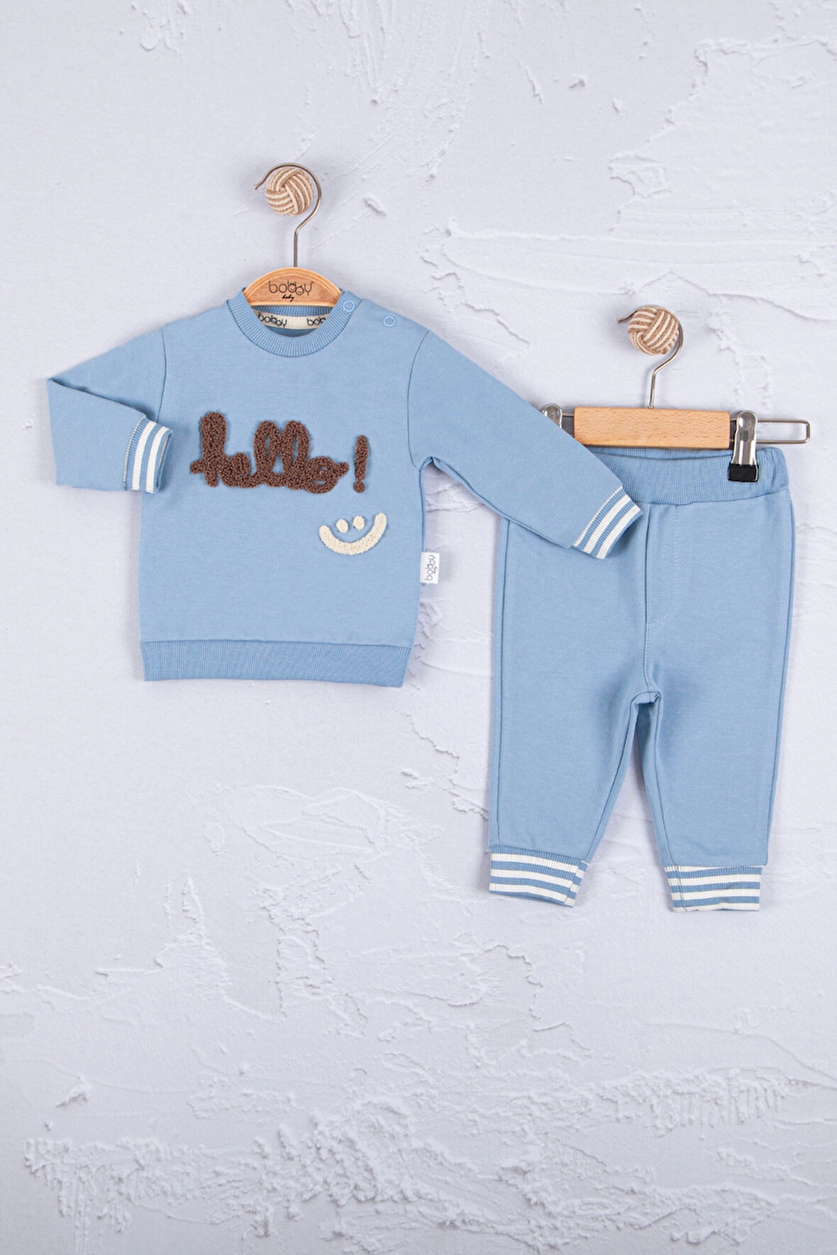 3-18 Ay Erkek Bebek Takımı Hello Nakışlı 2'li Mavi
