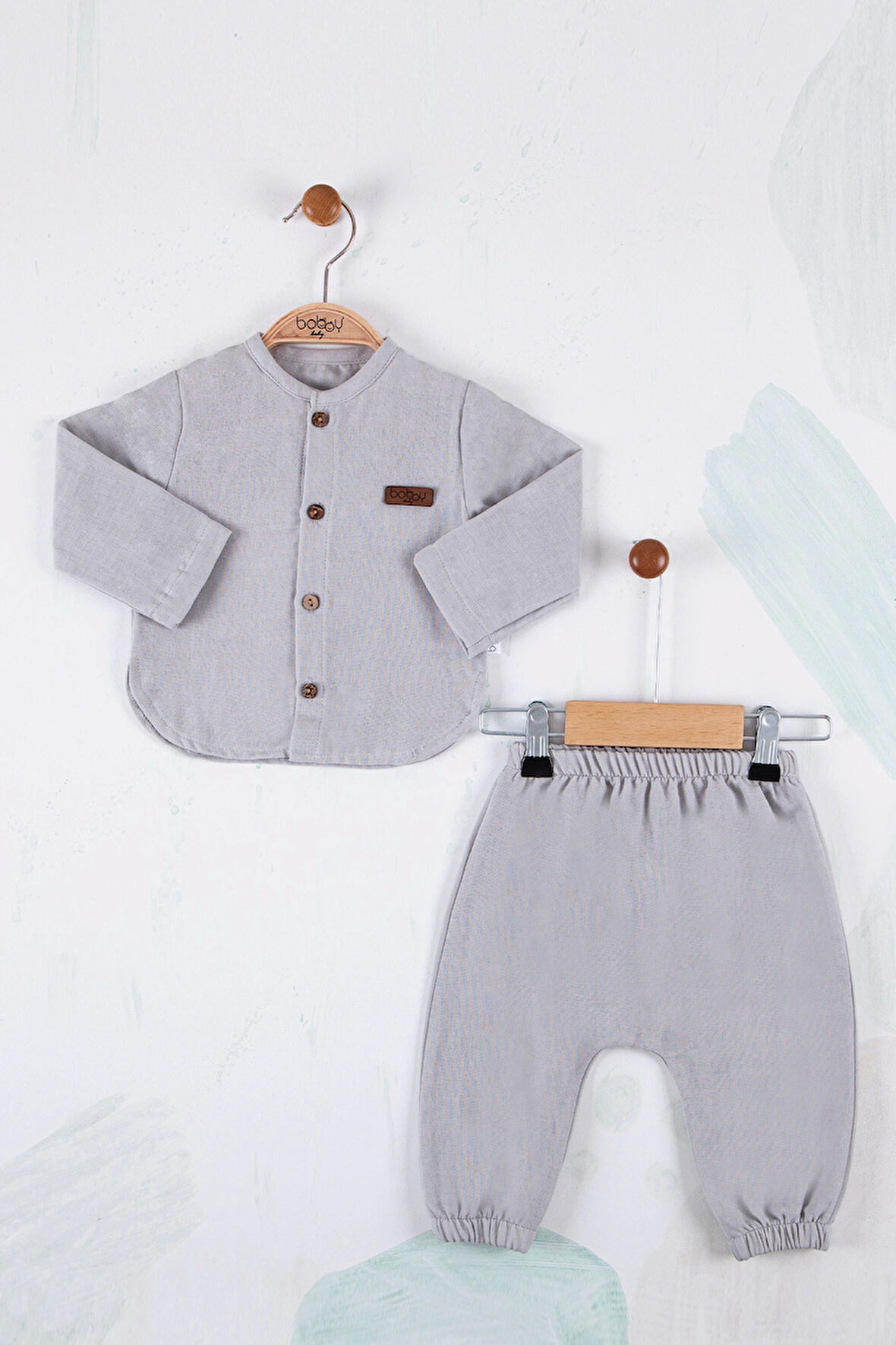 3-18 Ay Erkek Bebek Takımı Oval Kesim 5 Müslin 2'li Gri
