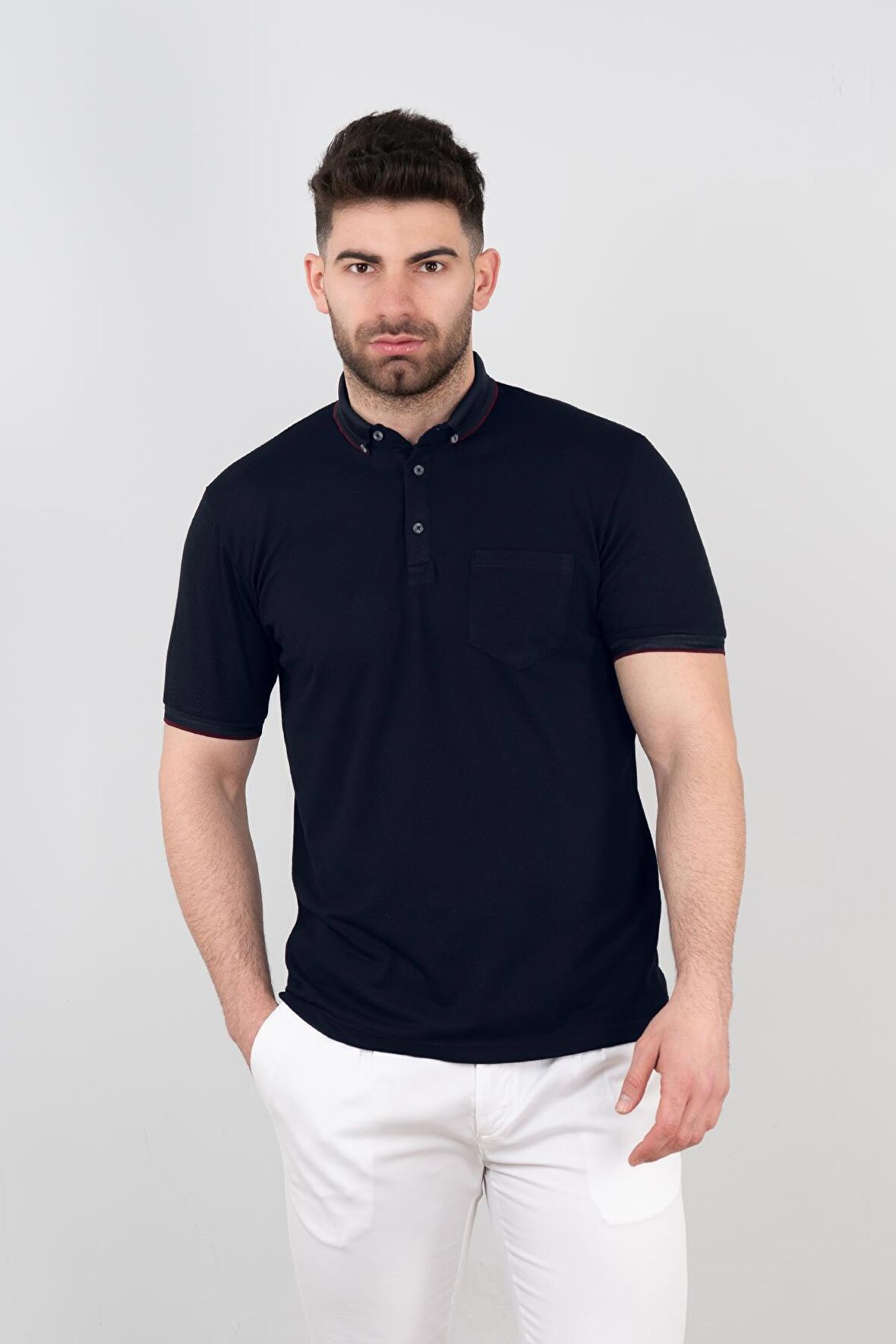 Cepli Petek Desen Likralı Erkek Polo Yaka T-Shirt