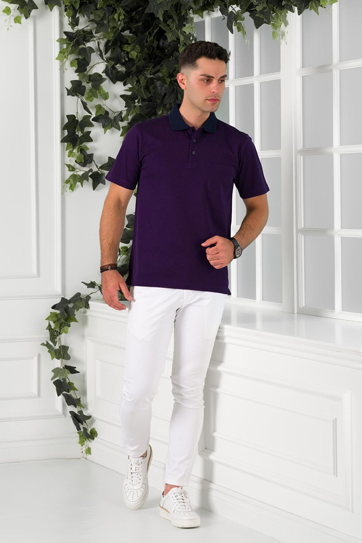 NEHİR by Faruk Ülker Polo Yaka Cepli Desenli Merserize Süperfine Cotton Erkek T-Shirt 