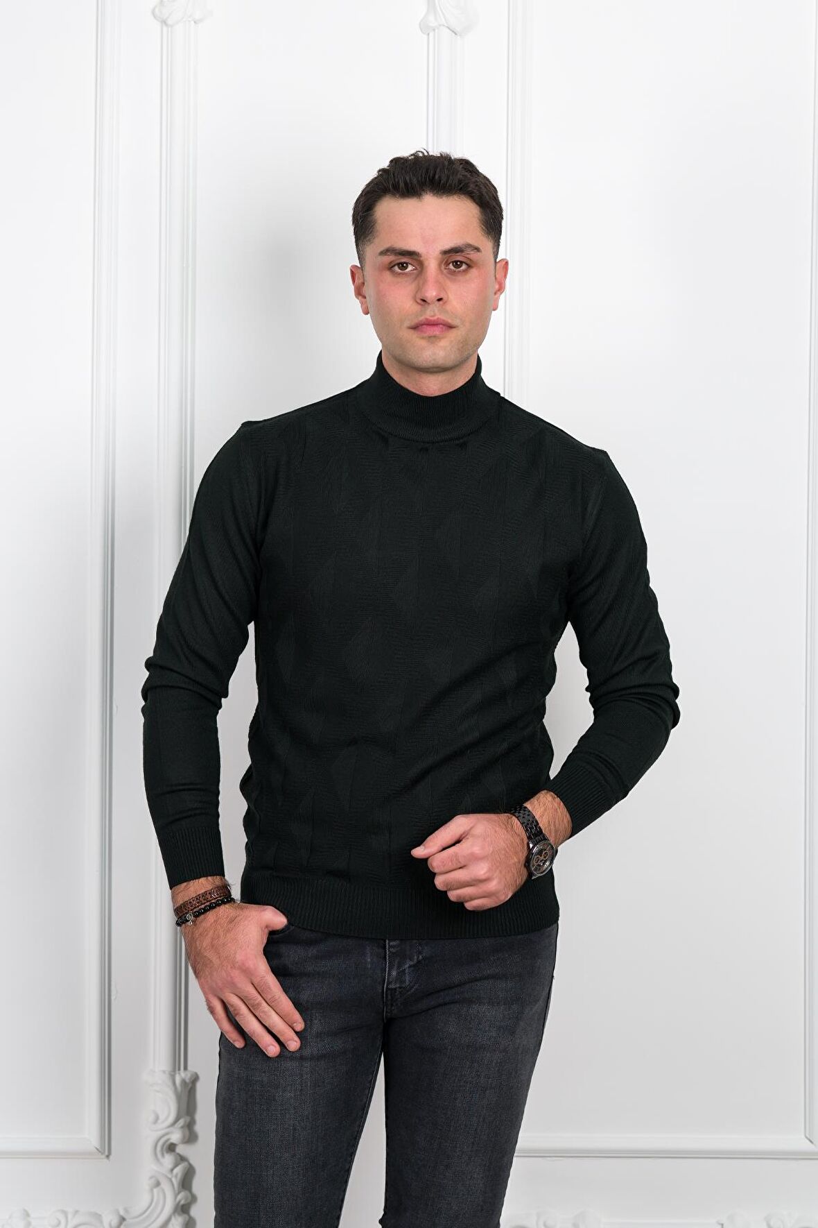 WOOLEN WORLD YARIM BALIKÇI REGULAR FİT DESENLİ ERKEK KAZAK