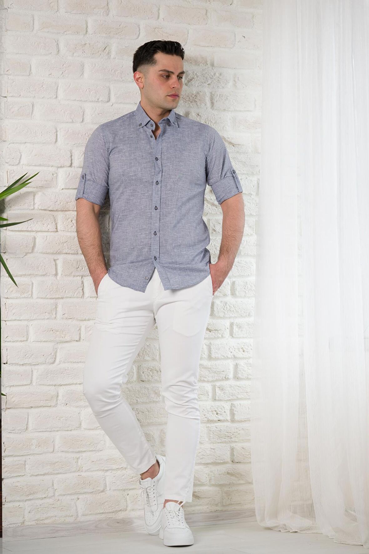 ADVANTE SLİMFİT YAKA DÜĞMELİ YAZLIK KETEN ERKEK GÖMLEK