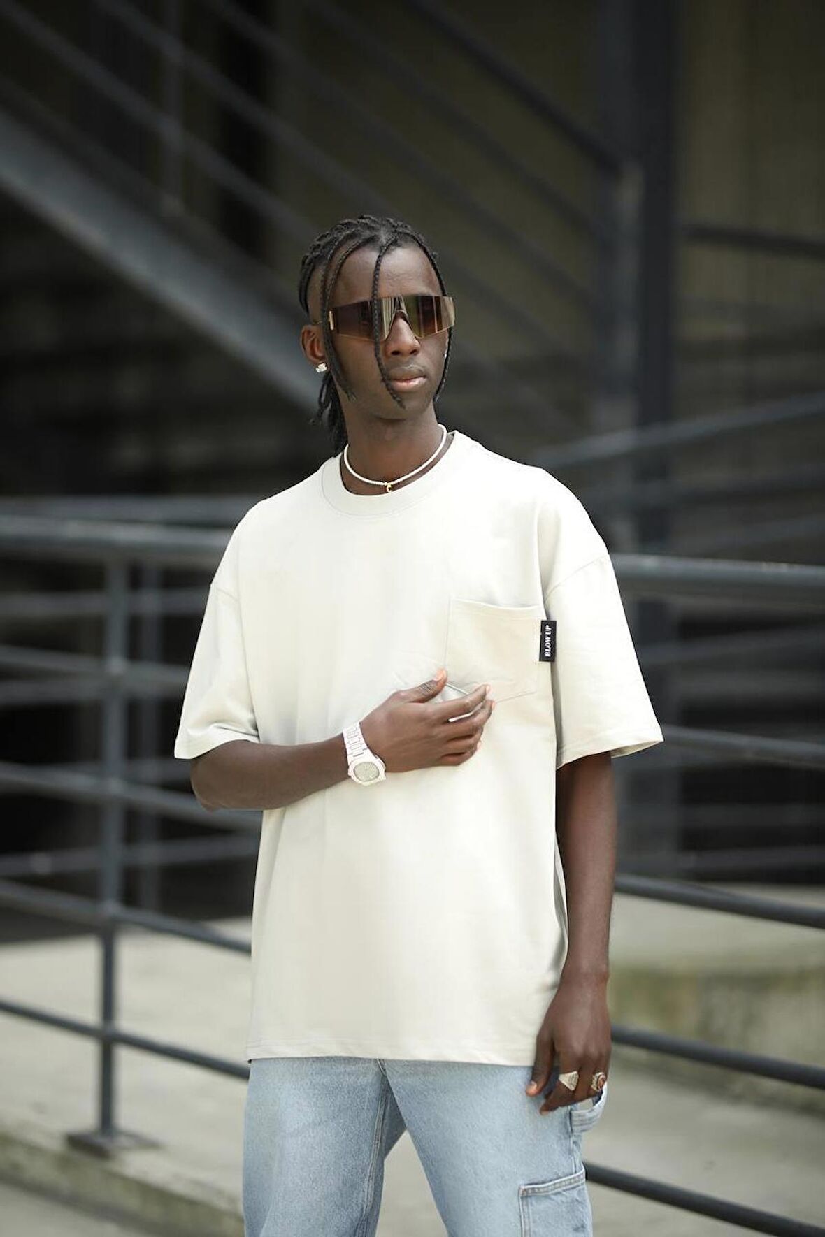 Oversize Pamuklu Bisiklet Yaka Cepli Likralı Erkek Yazlık T-shirt