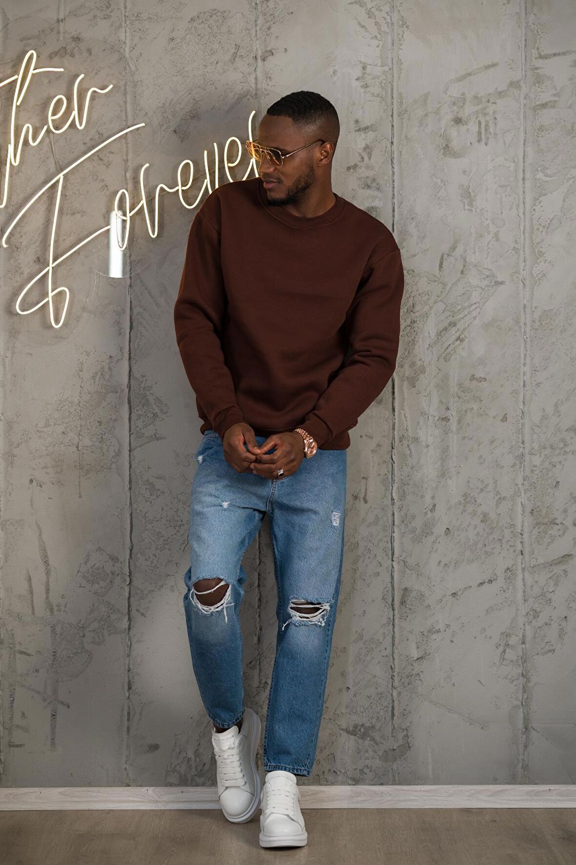 Oversize 3 İplik İçi Polarlı Bisiklet Yaka Basic Sweatshirt