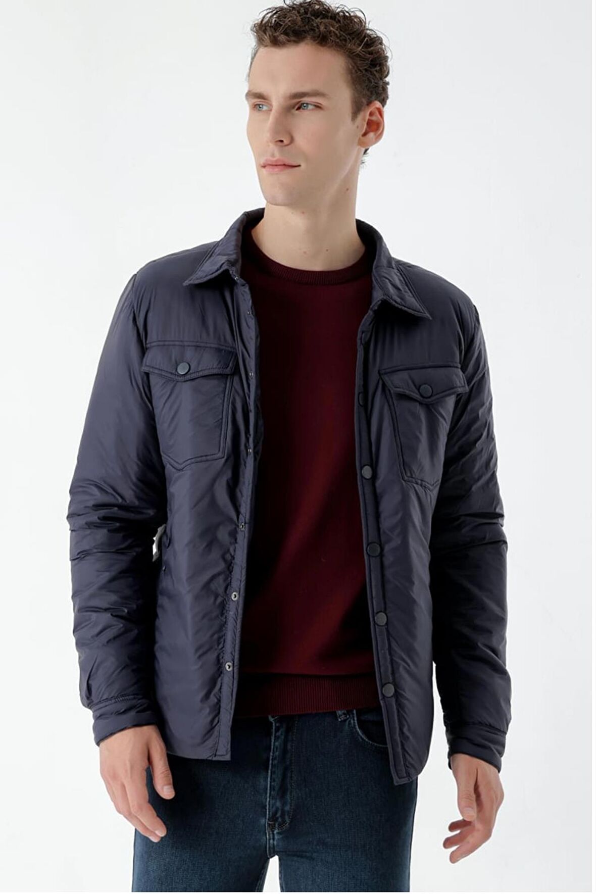 Slimfit Çıtçıt Kapamalı Yan Fermuar Cepli Gömlek Yaka Yandan Yırtmaçlı Baharlık Kapitone Mont