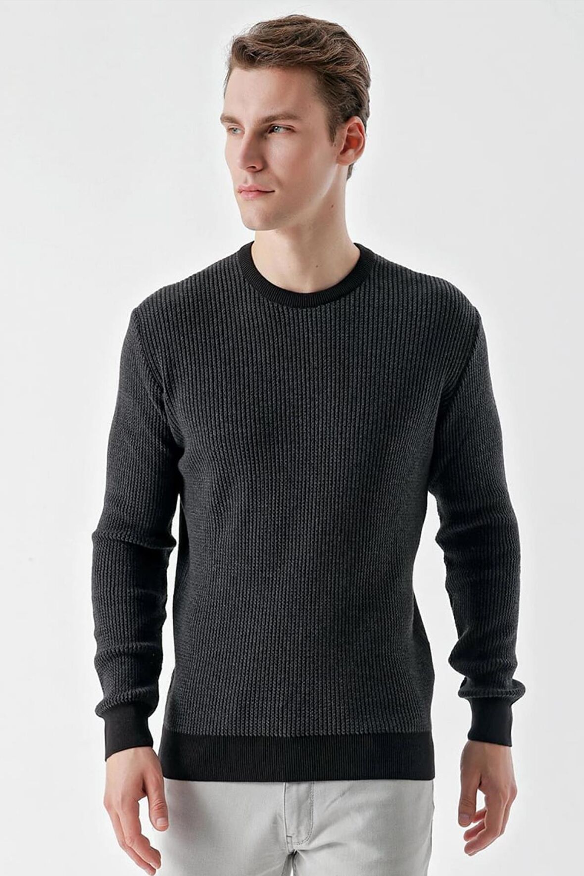 Slimfit Bisiklet Yaka Örgü Desenli Pamuklu Erkek Triko Kazak