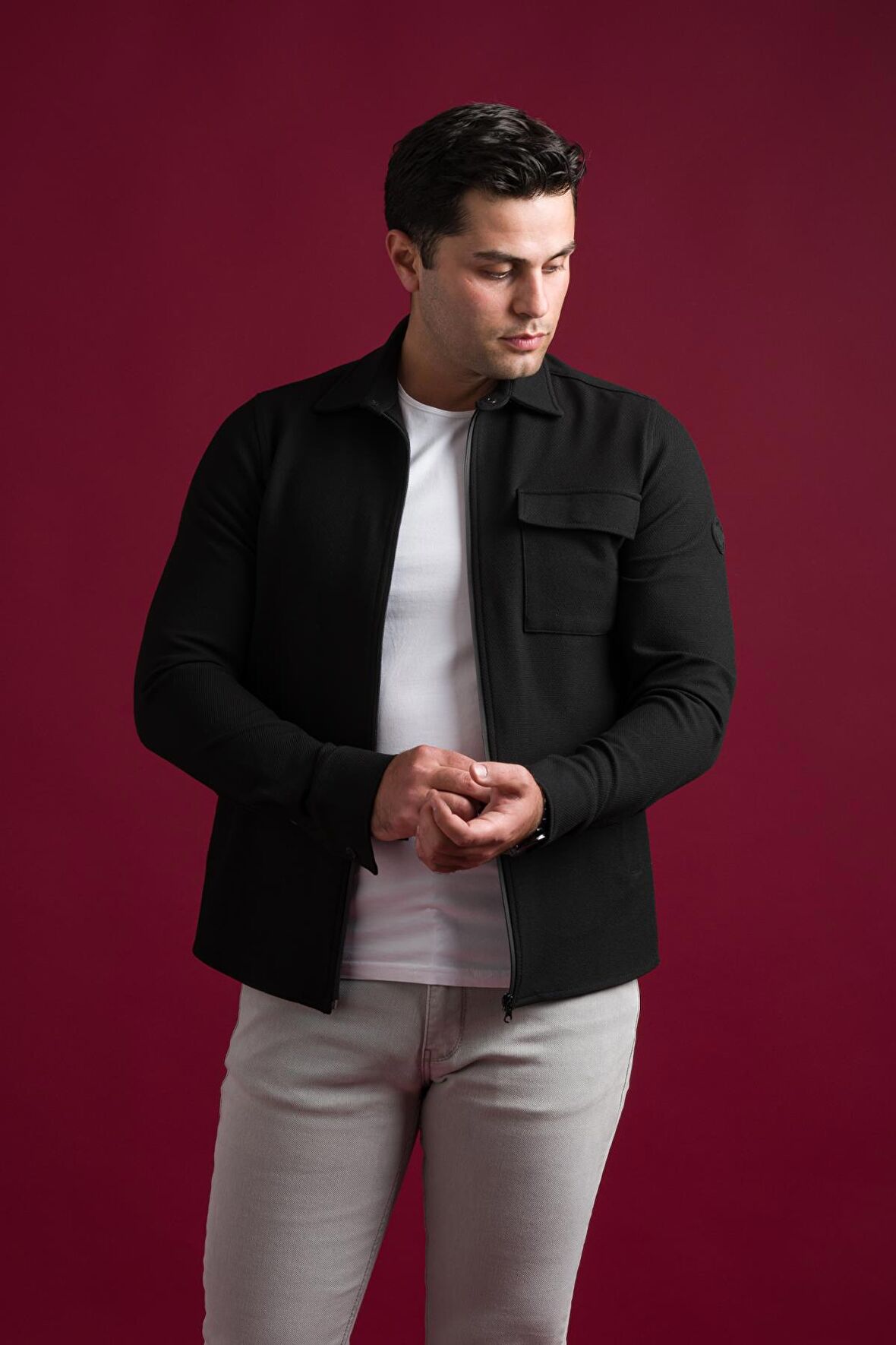 Slimfit Fermuar Kapamalı Yan Cepli  Dokulu Spor Erkek Gömlek