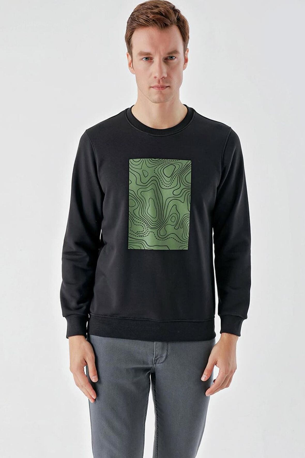 Slimfit Bisiklet Yaka Önü Baskılı 2 İplik Erkek Sweatshirt