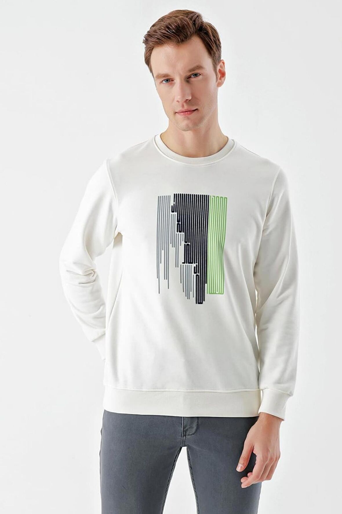 Slimfit Bisiklet Yaka Önü Baskılı 2 İplik Erkek Sweatshirt