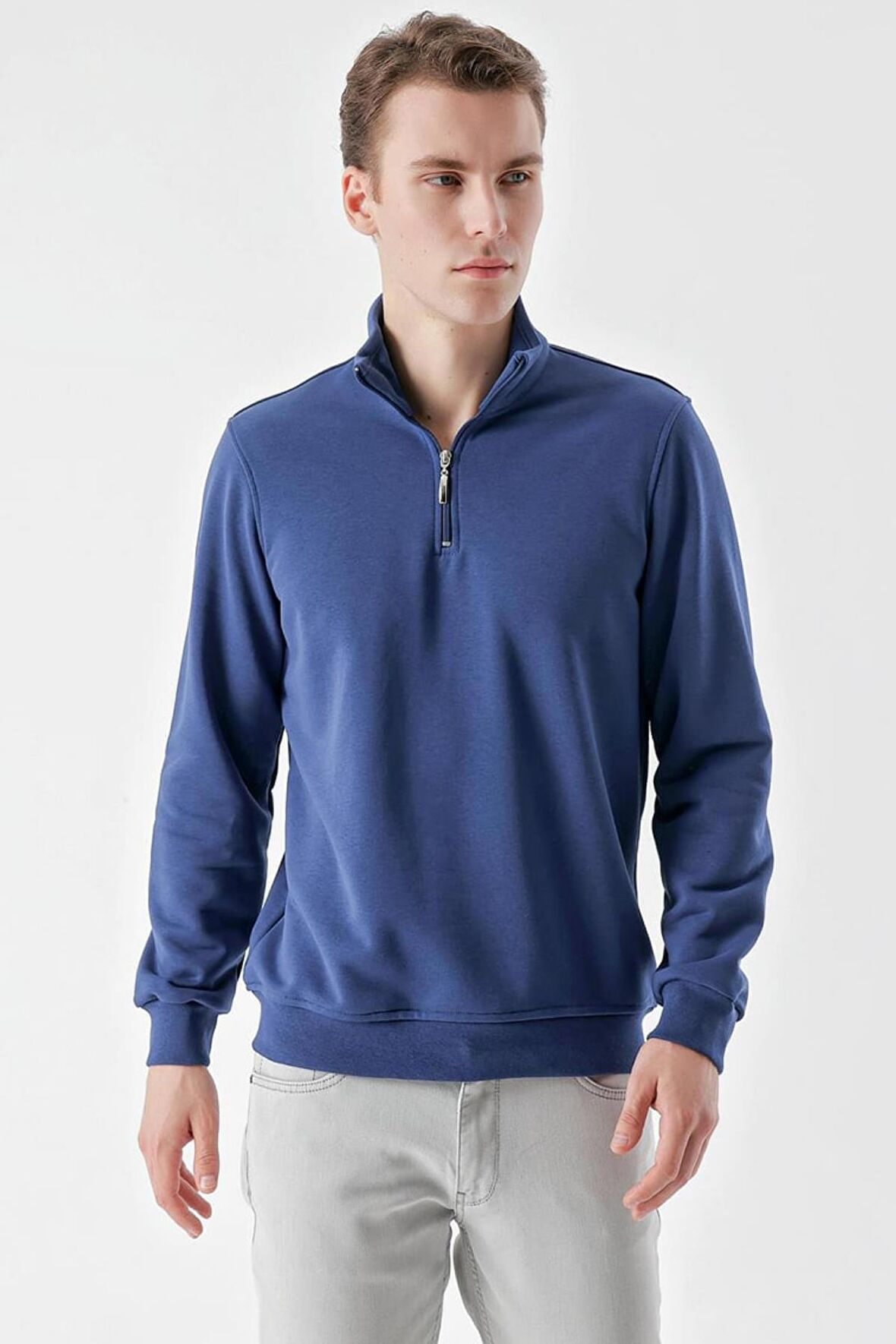 Slimfit Yarım Fermuarlı Dik Yaka 2 İplik Erkek Sweatshirt