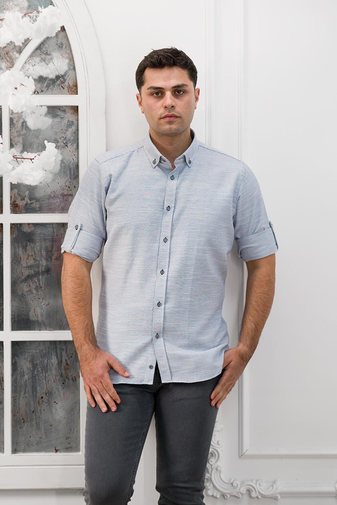 Advante Slimfit Katlamalı Kol Hasırlı Armürlü Yaka Düğmeli Erkek Gömlek