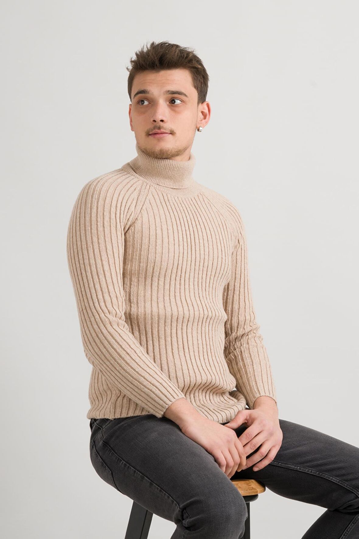 Slimfit Kendinden Çizgili Tam Balıkçı Pamuklu Kalın Triko Erkek Kazak